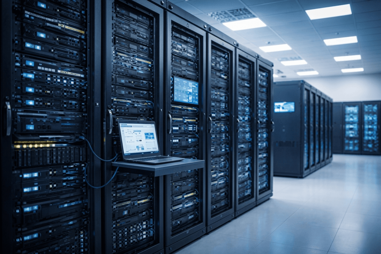 Modern data center server room with blue lighting representing IT infrastructure